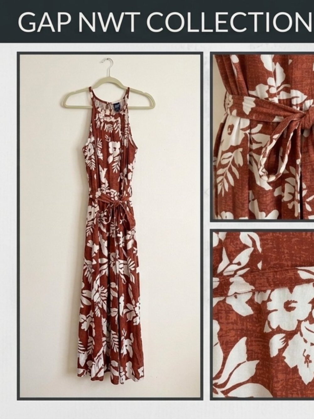 NWT GAP Floral Belted Halter Maxi Dress Terra Cotta Rust Large L (US 12-14)